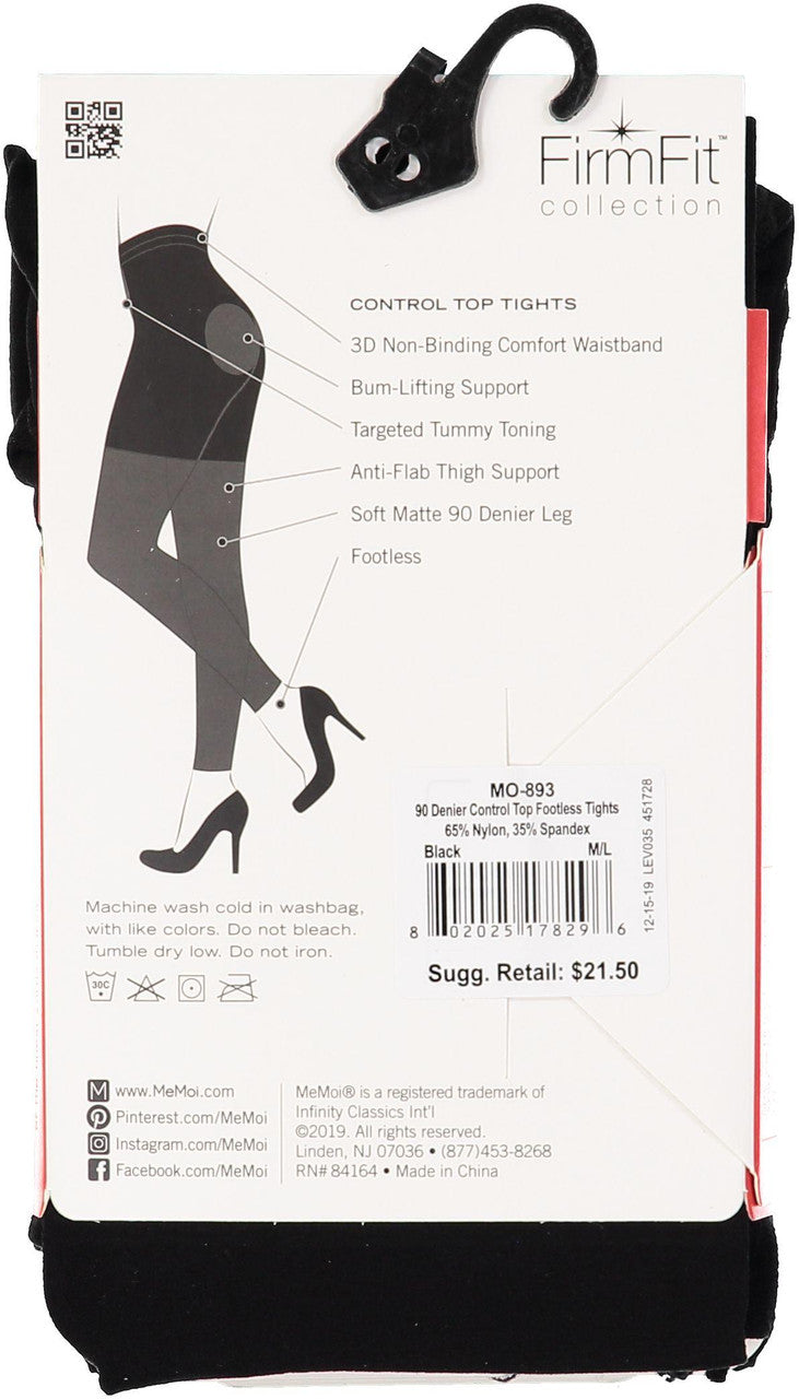 MeMoi Women's 90 Denier Control Top Footless Tights