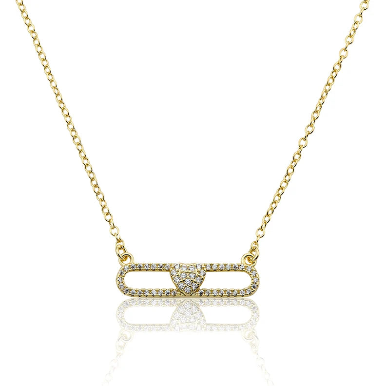 14K Gold Plated Necklace Accented With Cz Heart Bar Center
