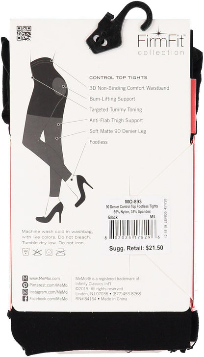 MeMoi Women's 90 Denier Control Top Footless Tights
