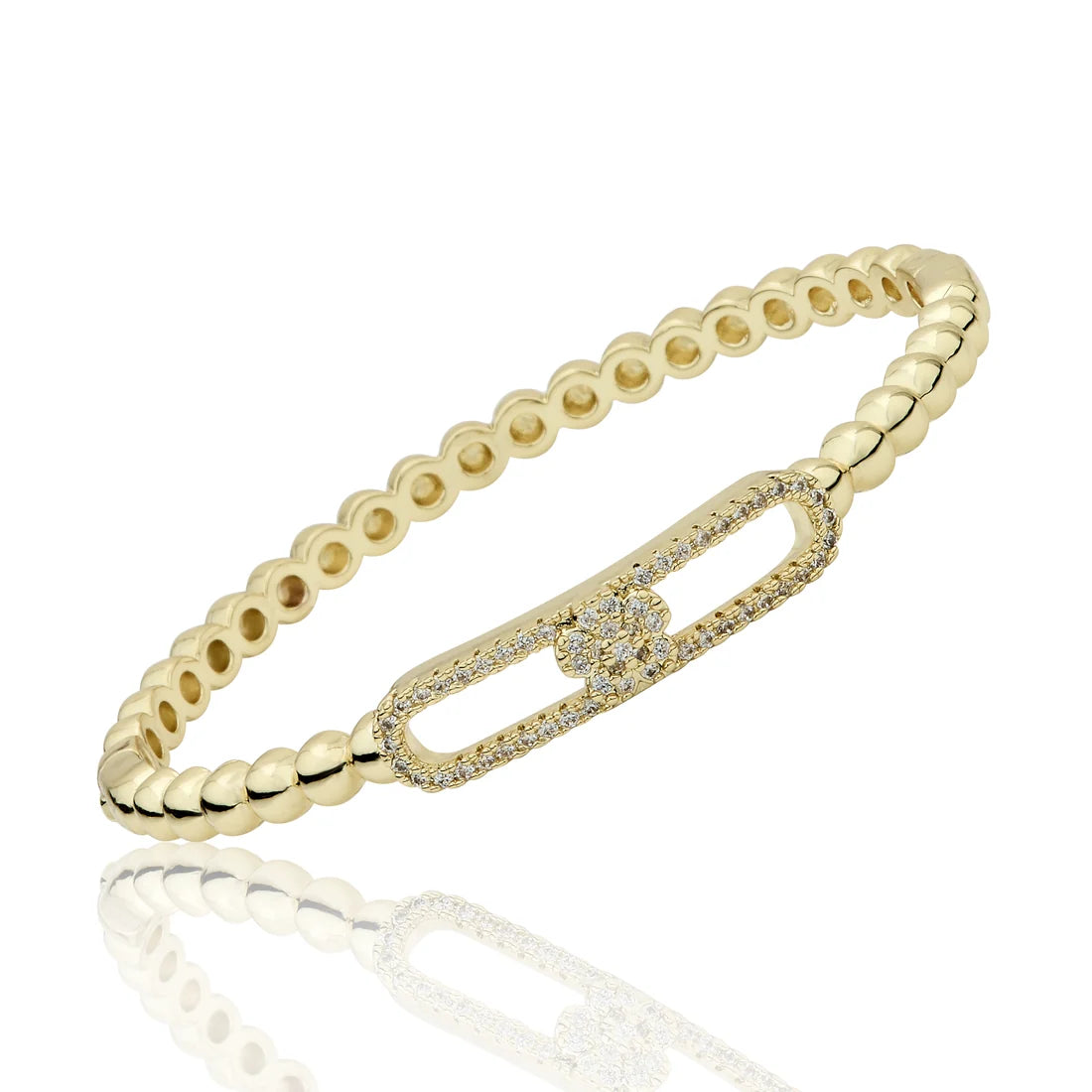 14K Gold Plated Oval Bead Clasped Bangle Accented With Cz Flower Bar Center