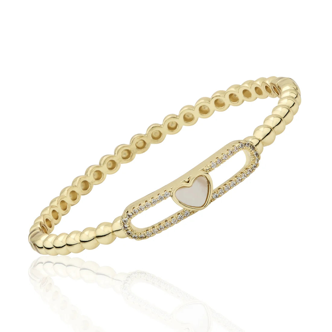 14K Gold Plated Oval Bead Clasped Bangle Accented With Cz & Mother Of Pearl Heart Bar Center