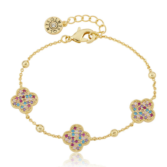 3 Pave CZ Clovers On Bead Chain Bracelet
