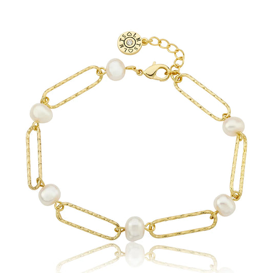 14K Gold Plated Links & Fresh Water Pearls Chain Bracelet