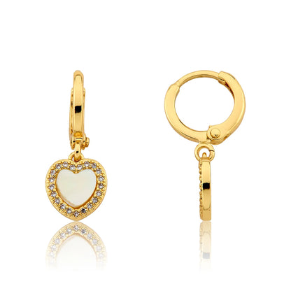 Mother Of Pearl Heart With Cz Frame Huggie Dangle Earring