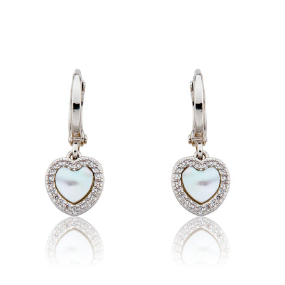 Mother Of Pearl Heart With Cz Frame Huggie Dangle Earring