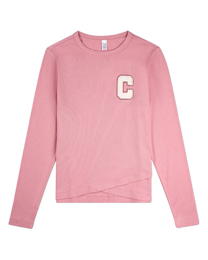 Pre Order! Memoi Girls Ribbed Crossover Hem Long Sleeve T-Shirt