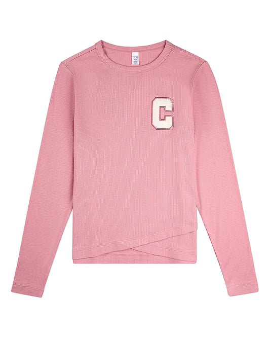 Pre Order! Memoi Girls Ribbed Crossover Hem Long Sleeve T-Shirt