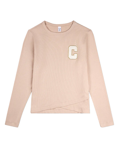 Pre Order! Memoi Girls Ribbed Crossover Hem Long Sleeve T-Shirt