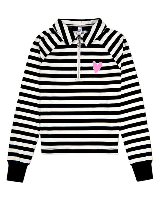 Pre Order! Memoi Striped Mini-Ribbed Quarter Zip Long Sleeve T-Shirt