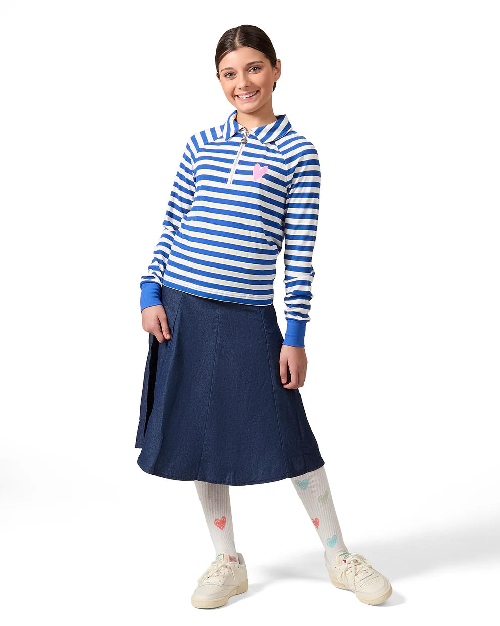 Pre Order! Memoi Striped Mini-Ribbed Quarter Zip Long Sleeve T-Shirt