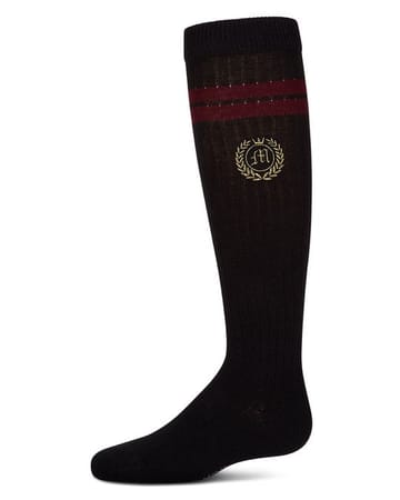 Memoi Girls Cotton Rich Varsity Striped and Embroidered Crest Knee Socks