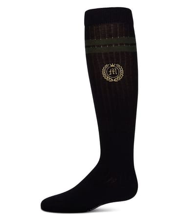 Memoi Girls Cotton Rich Varsity Striped and Embroidered Crest Knee Socks