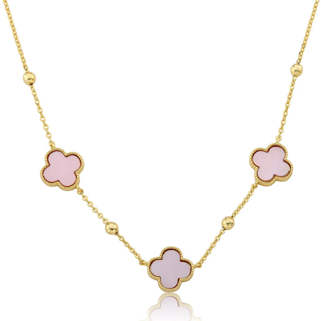 14K Gold Plated 3 Clover Pendant On Bead Station Necklace