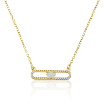 14K Gold Plated Necklace Accented With Cz & Mother Of Pearl Flower Bar Center
