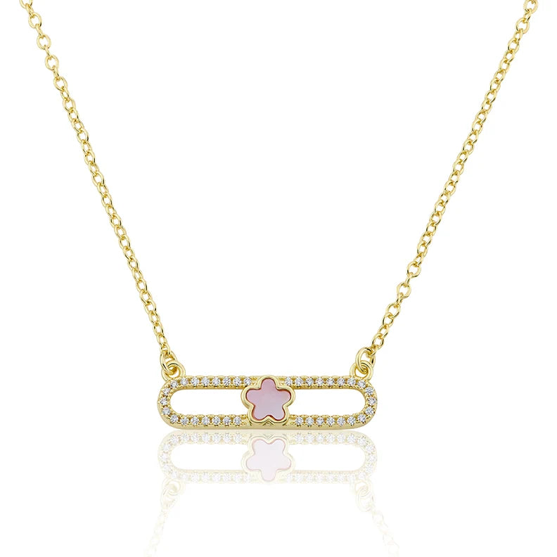 14K Gold Plated Necklace Accented With Cz & Mother Of Pearl Flower Bar Center