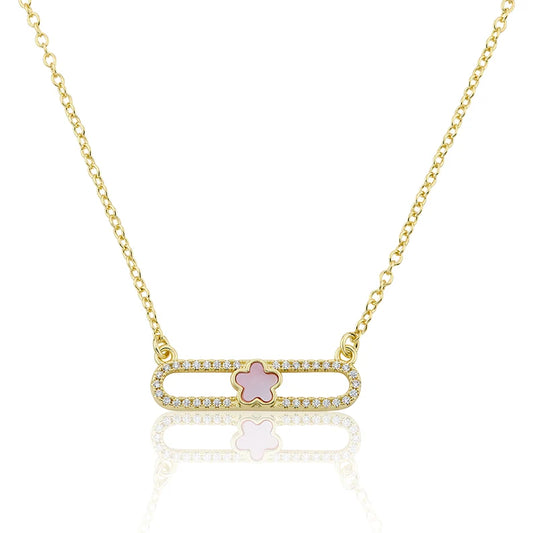 14K Gold Plated Necklace Accented With Cz & Mother Of Pearl Flower Bar Center