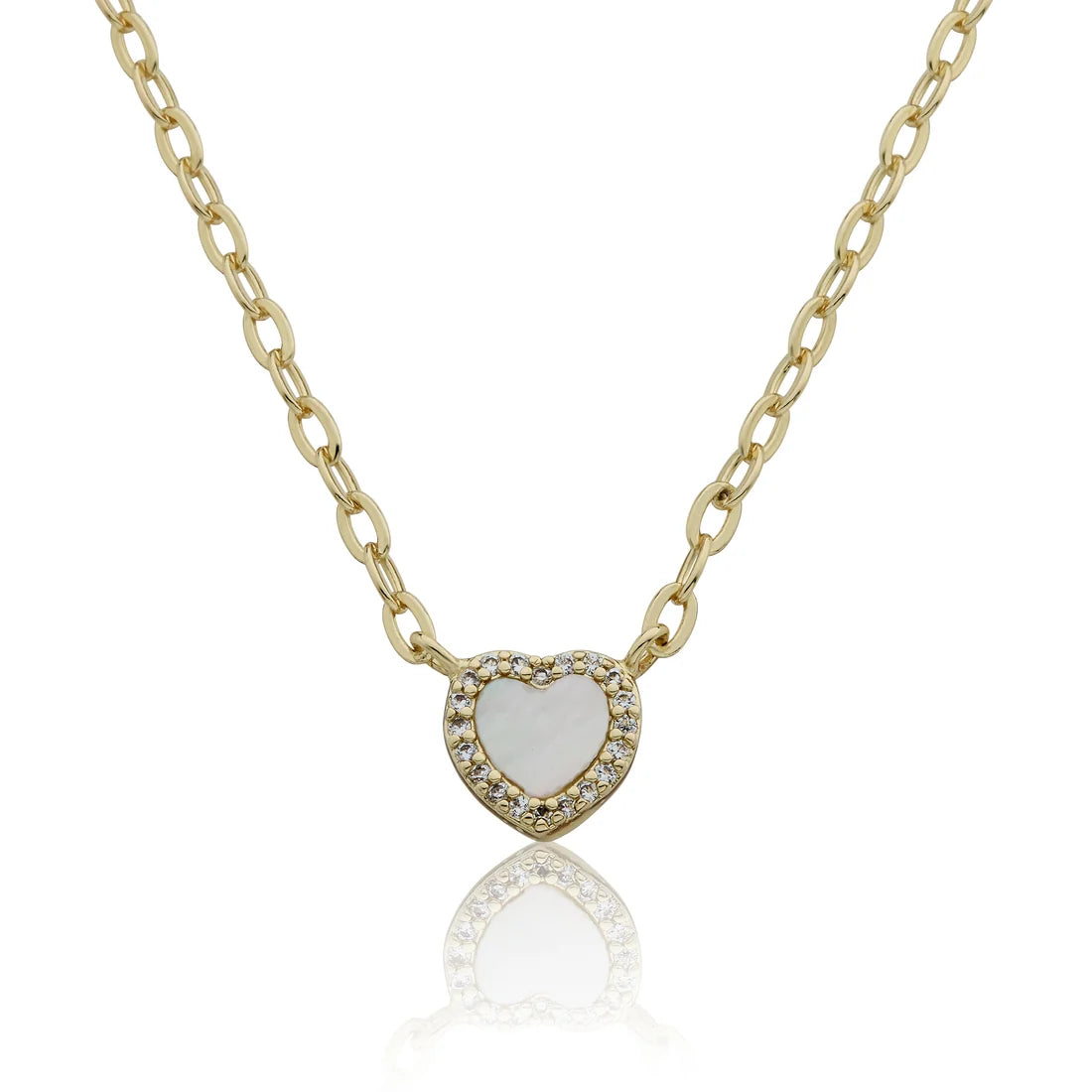 14k Gold Plated Cz Framed Mother Of Pearl Heart Link Chain Necklace