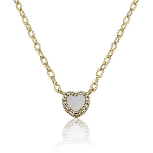 14k Gold Plated Cz Framed Mother Of Pearl Heart Link Chain Necklace
