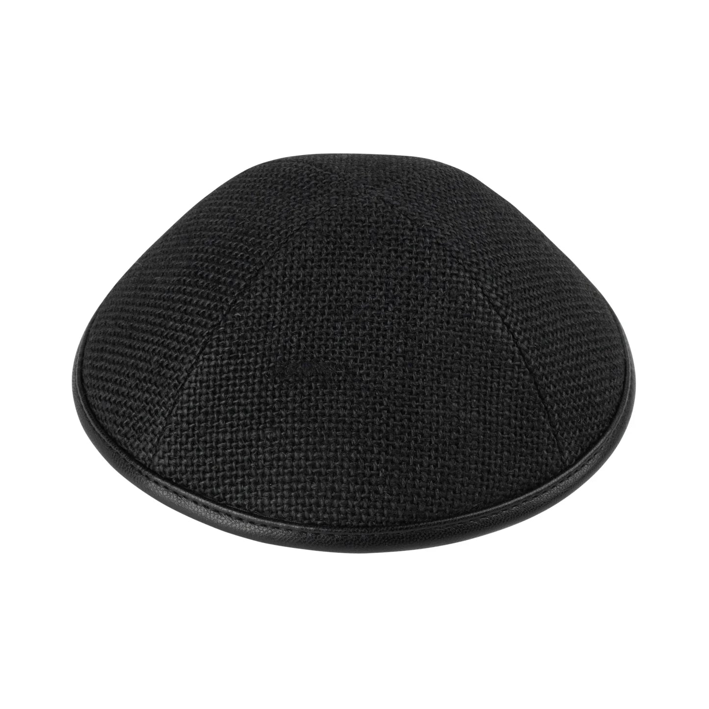 IKIPPAH DARK BURLAP YARMULKE WTH LEATHER TRIM 4 Panel