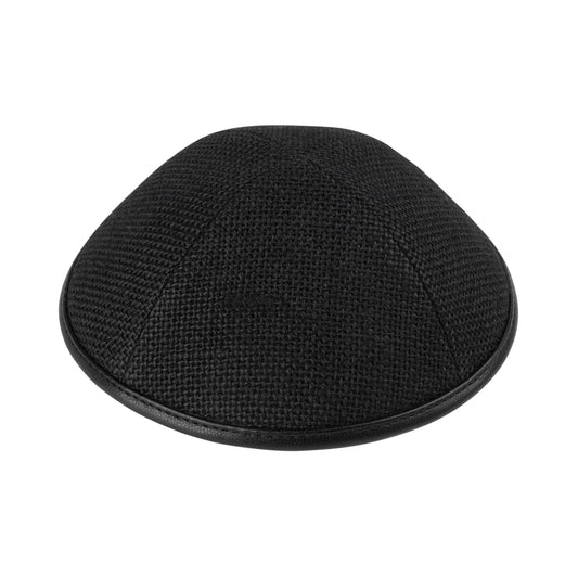 IKIPPAH DARK BURLAP YARMULKE WTH LEATHER TRIM 4 Panel